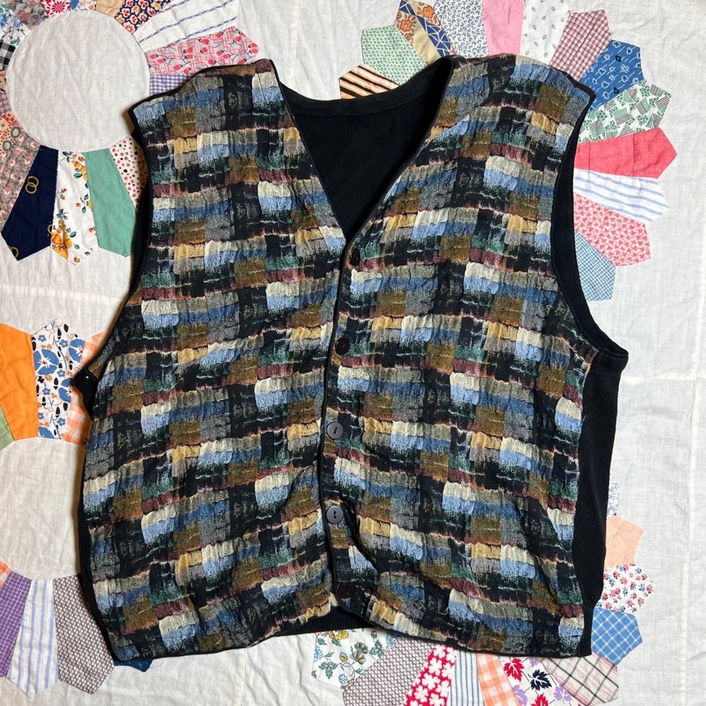 Vintage Jhane Barnes Abstract Geometric Knit Button Front Vest Multicolor 90s